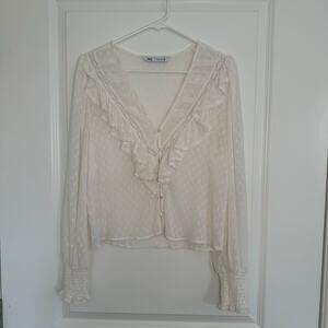 Zara White Ruffled Bib Collar Deep V Neck Romantic Bohemian Flowy Size M